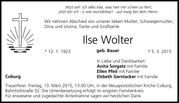 Traueranzeige von Ilse Wolter von Neue Presse Coburg