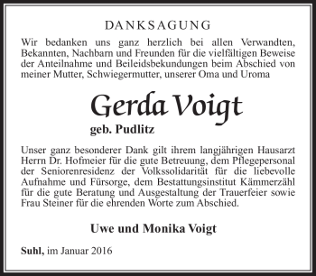 Traueranzeige von Gerda Voigt von Südthüringer Presse