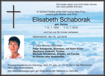 Traueranzeige von Elisabeth Schaborak von Frankenpost