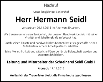 Traueranzeige von Hermann Seidl von Neue Presse Coburg