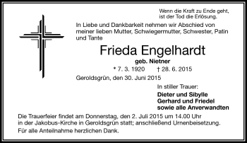 Traueranzeige von Frieda Engelhardt von Frankenpost