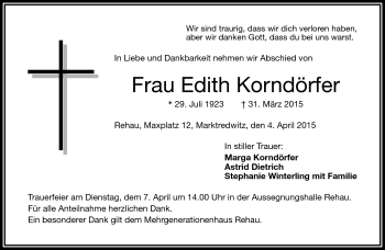 Traueranzeige von Edith Korndörfer von Frankenpost