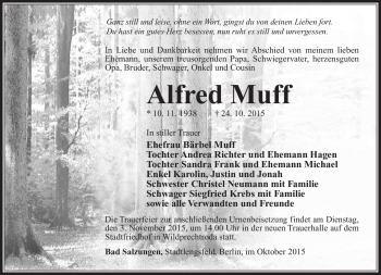 Traueranzeige von Alfred Muff von Südthüringer Presse