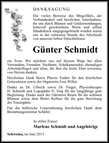 Traueranzeige von Günter Schmidt von Südthüringer Presse