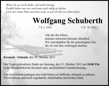 Traueranzeige von Wolfgang Schuberth von Neue Presse Coburg