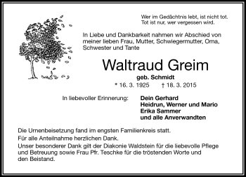 Traueranzeige von Waltraud Greim von Frankenpost