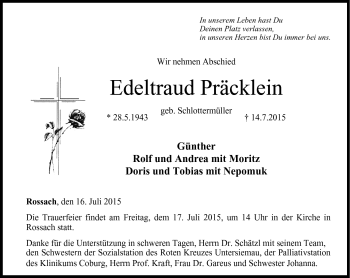Traueranzeige von Edeltraud Präcklein von Neue Presse Coburg