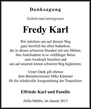 Traueranzeige von Fredy Karl von Südthüringer Presse