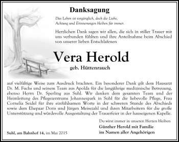 Traueranzeige von Vera Herold von Südthüringer Presse