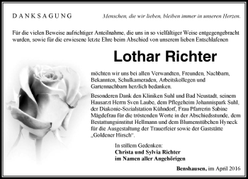 Traueranzeige von Lothar Richter von Südthüringer Presse