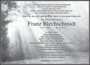 Traueranzeige von Franz Blechschmidt von Südthüringer Presse
