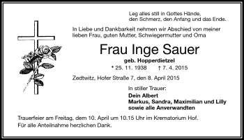 Traueranzeige von Inge Sauer von Frankenpost