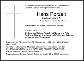 Traueranzeige von Hans Porzelt von Frankenpost