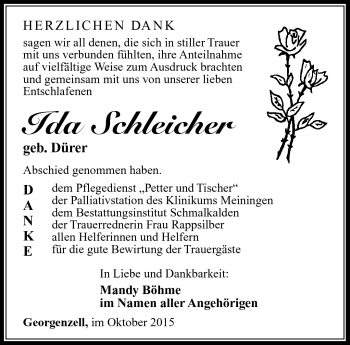 Traueranzeige von Ida Schleicher von Südthüringer Presse