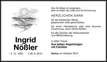 Traueranzeige von Ingrid Nößler von Südthüringer Presse
