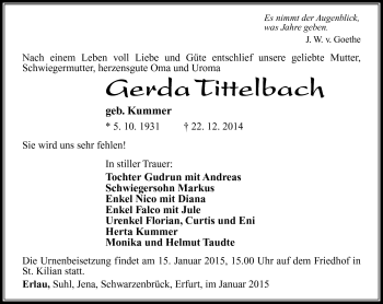 Traueranzeige von Gerda Tittelbach von Südthüringer Presse