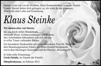 Traueranzeige von Klaus Steinke von Südthüringer Presse