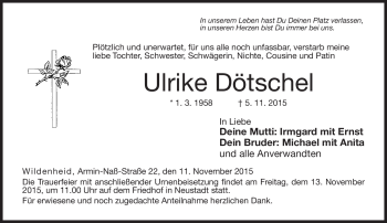 Traueranzeige von Ulrike Dötschel von Neue Presse Coburg