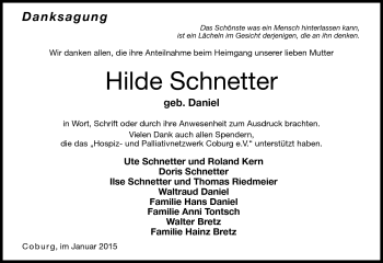 Traueranzeige von Hilde Schnetter von Neue Presse Coburg