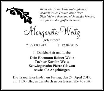 Traueranzeige von Margarete Weitz von Südthüringer Presse