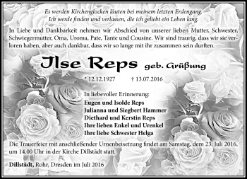 Traueranzeige von Ilse Reps von Südthüringer Presse