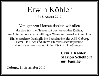 Traueranzeige von Erwin Köhler von Neue Presse Coburg