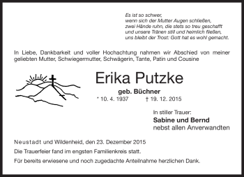 Traueranzeige von Erika Putzke von Neue Presse Coburg