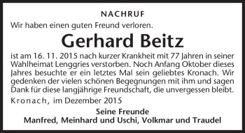Traueranzeige von Gerhard Beitz von Neue Presse Coburg