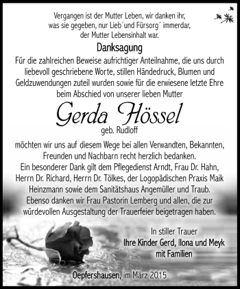 Traueranzeige von Gerda Hössel von Südthüringer Presse
