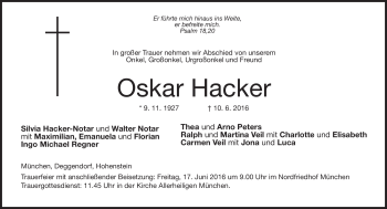 Traueranzeige von Oskar Hacker von Neue Presse Coburg
