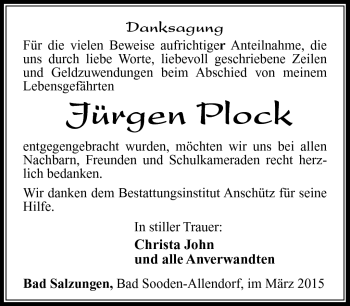 Traueranzeige von Jürgen Plock von Südthüringer Presse