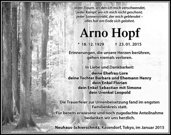 Traueranzeige von Armo Hopf von Südthüringer Presse