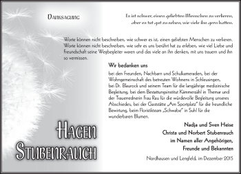 Traueranzeige von Hagen Stubenrauch von Südthüringer Presse
