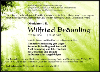 Traueranzeige von Wilfried Bräunling von Südthüringer Presse