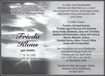 Traueranzeige von Frieda Klaus von Südthüringer Presse