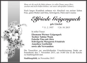 Traueranzeige von Elfriede Geigengack von Südthüringer Presse