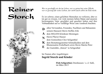 Traueranzeige von Reiner Storch von Südthüringer Presse