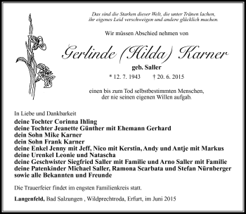 Traueranzeige von Gerlinde Karner von Südthüringer Presse