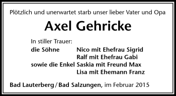 Traueranzeige von Axel Gehricke von Südthüringer Presse