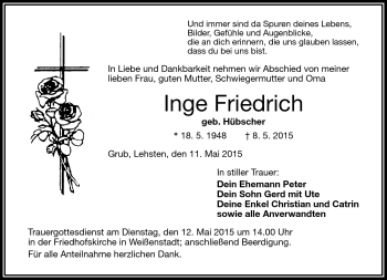 Traueranzeige von Inge Friedrich von Frankenpost