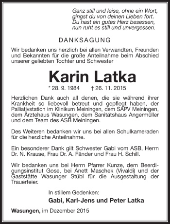 Traueranzeige von Karin Latka von Südthüringer Presse