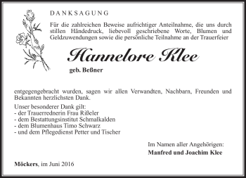 Traueranzeige von Hannelore Klee von Südthüringer Presse