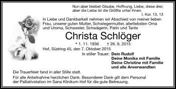 Traueranzeige von Christa Schlöger von Frankenpost