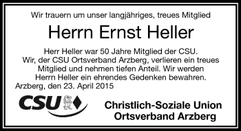 Traueranzeige von Ernst Heller von Frankenpost