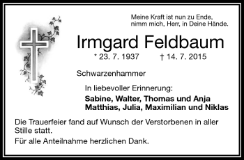 Traueranzeige von Irmgard Feldbaum von Frankenpost