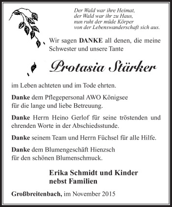 Traueranzeige von Protasia Stärker von Südthüringer Presse
