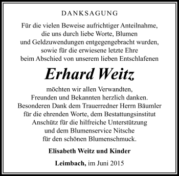 Traueranzeige von Erhard Weitz von Südthüringer Presse