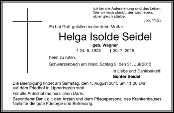 Traueranzeige von Helga Isolde Seidel von Frankenpost