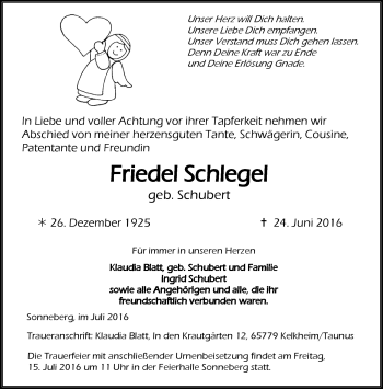 Traueranzeige von Friedel Schlegel von Südthüringer Presse