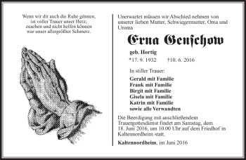 Traueranzeige von Erna Genschow von Südthüringer Presse